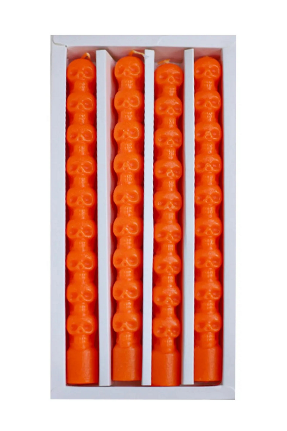 4-Pack Skull Taper Candles for Gothic Home Decor in vibrant orange, perfect for Halloween and spooky table styling.