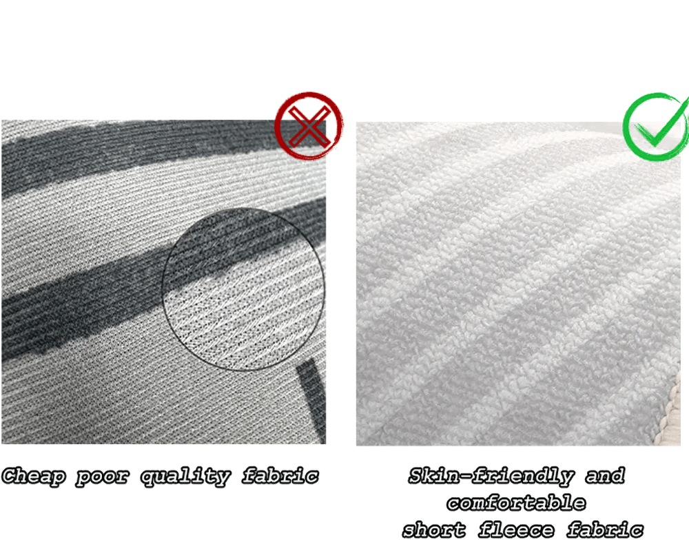 Comparison of fabric quality: left shows cheap fabric, right features skin-friendly, comfortable short fleece fabric.