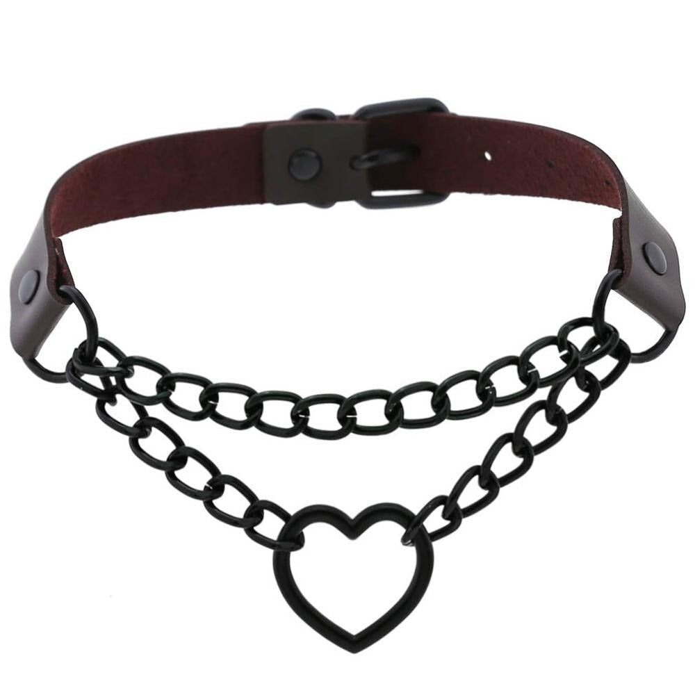 All Black Heart Chain Choker for Girls, gothic necklace with imitation leather and chain, perfect women's accessory for Halloween.