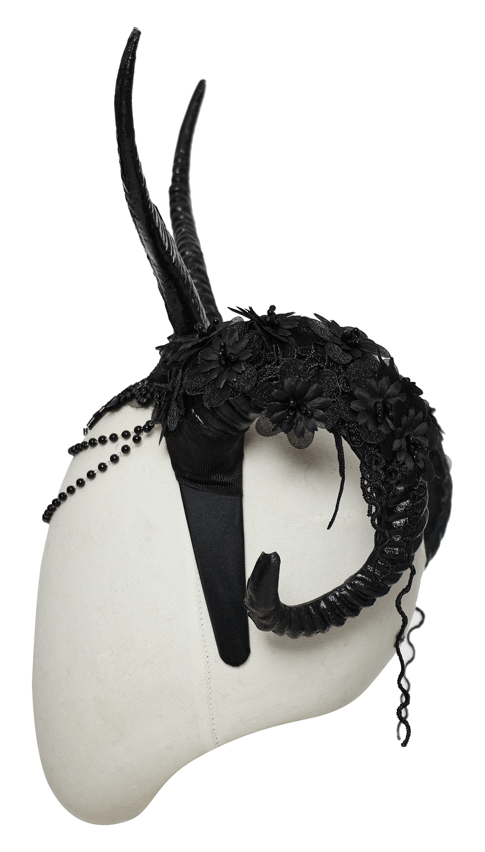 Gothic horned headpiece with lace flowers, perfect for dark fantasy and striking fashion statements.