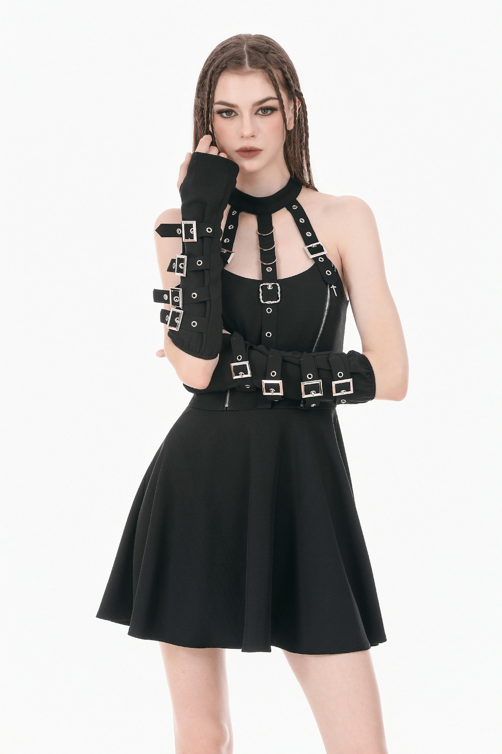 Alternative Buckle Arm Warmers with Silver Hardware worn with a stylish black dress, showcasing a punk aesthetic.