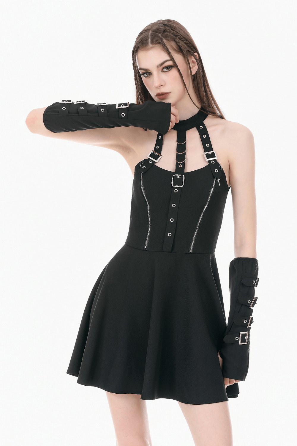 Alternative Buckle Arm Warmers with Silver Hardware worn with a black strappy dress, showcasing punk fashion style.