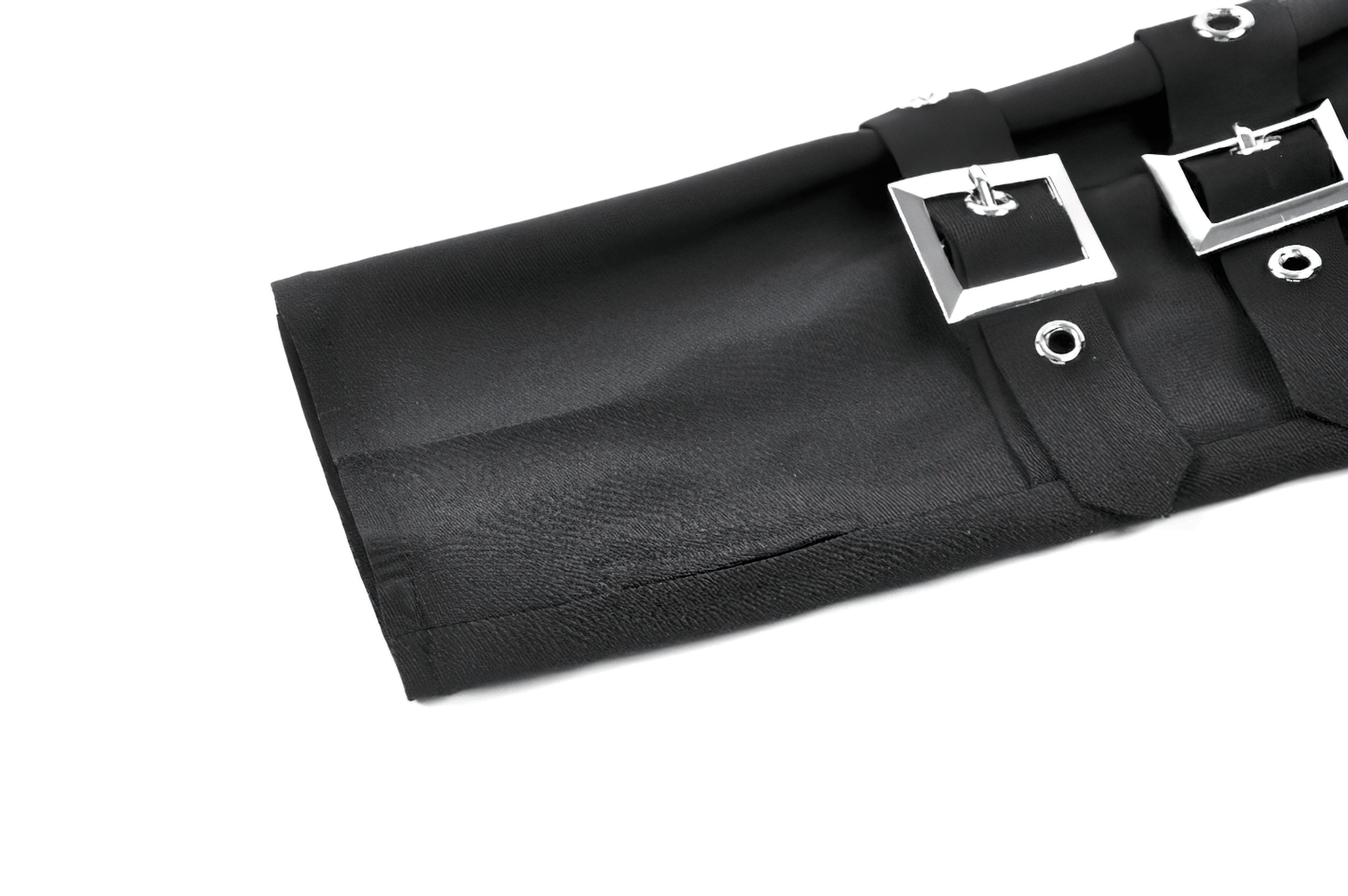 Alternative Buckle Arm Warmers with Silver Hardware close-up, featuring black fabric and silver square buckles.