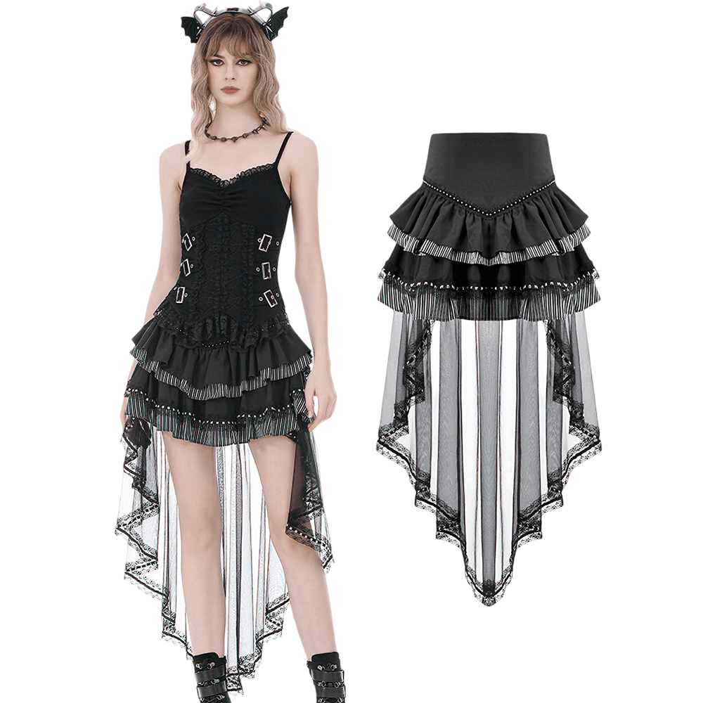 Alternative High Low Ruffle Skirt with Sheer Lace Train in black with layered ruffles and mesh overlay.