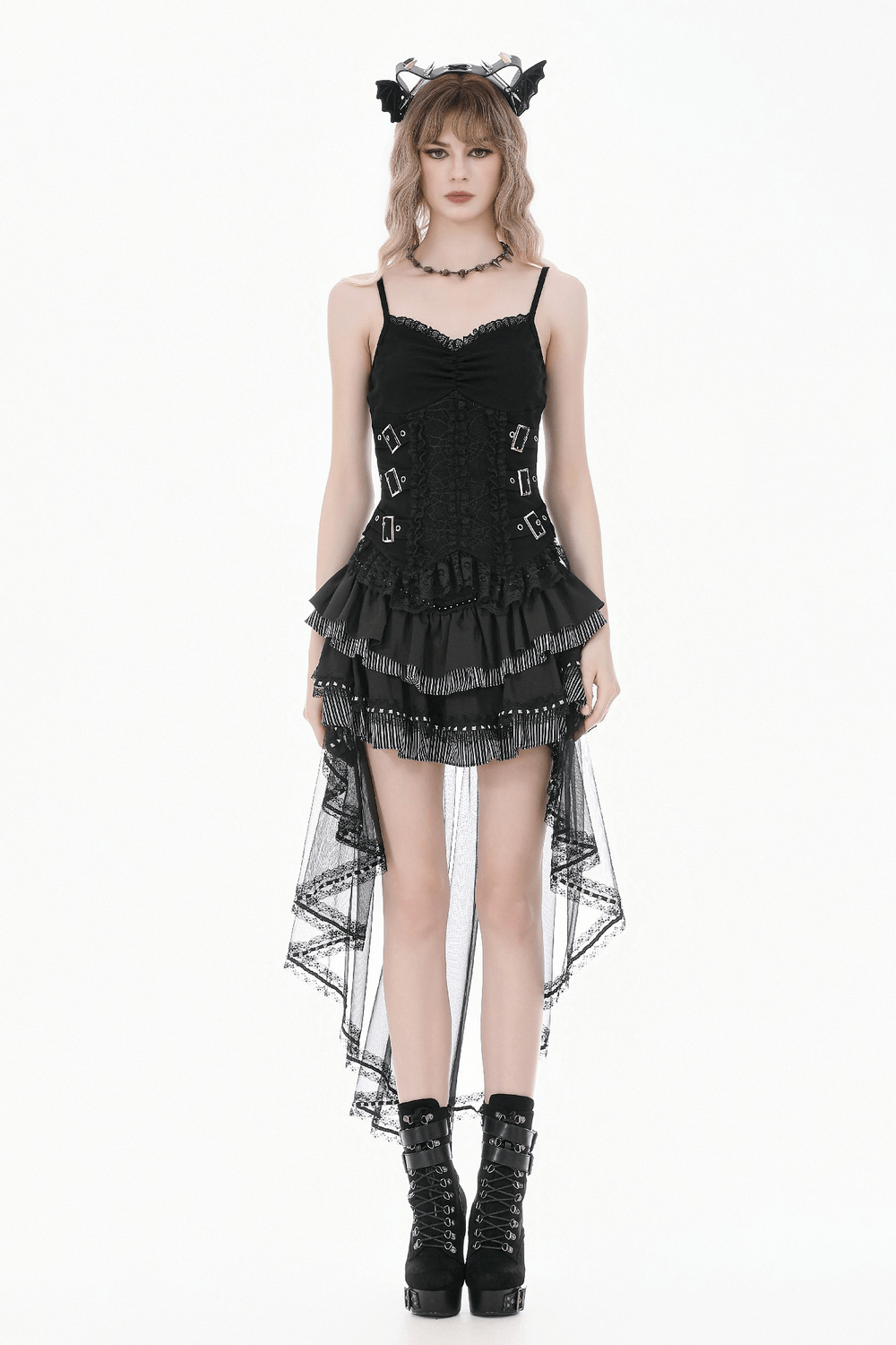 Alternative High Low Ruffle Skirt with Sheer Lace Train showcased on model, featuring a dramatic gothic design and layered ruffles.