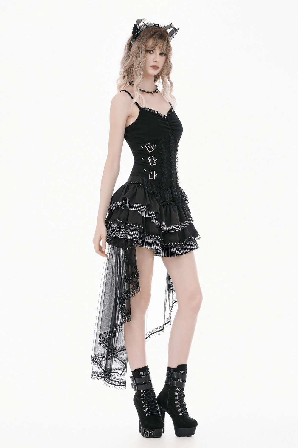 Alternative High Low Ruffle Skirt with Sheer Lace Train showcased on model, featuring cascading layers and gothic elegance.