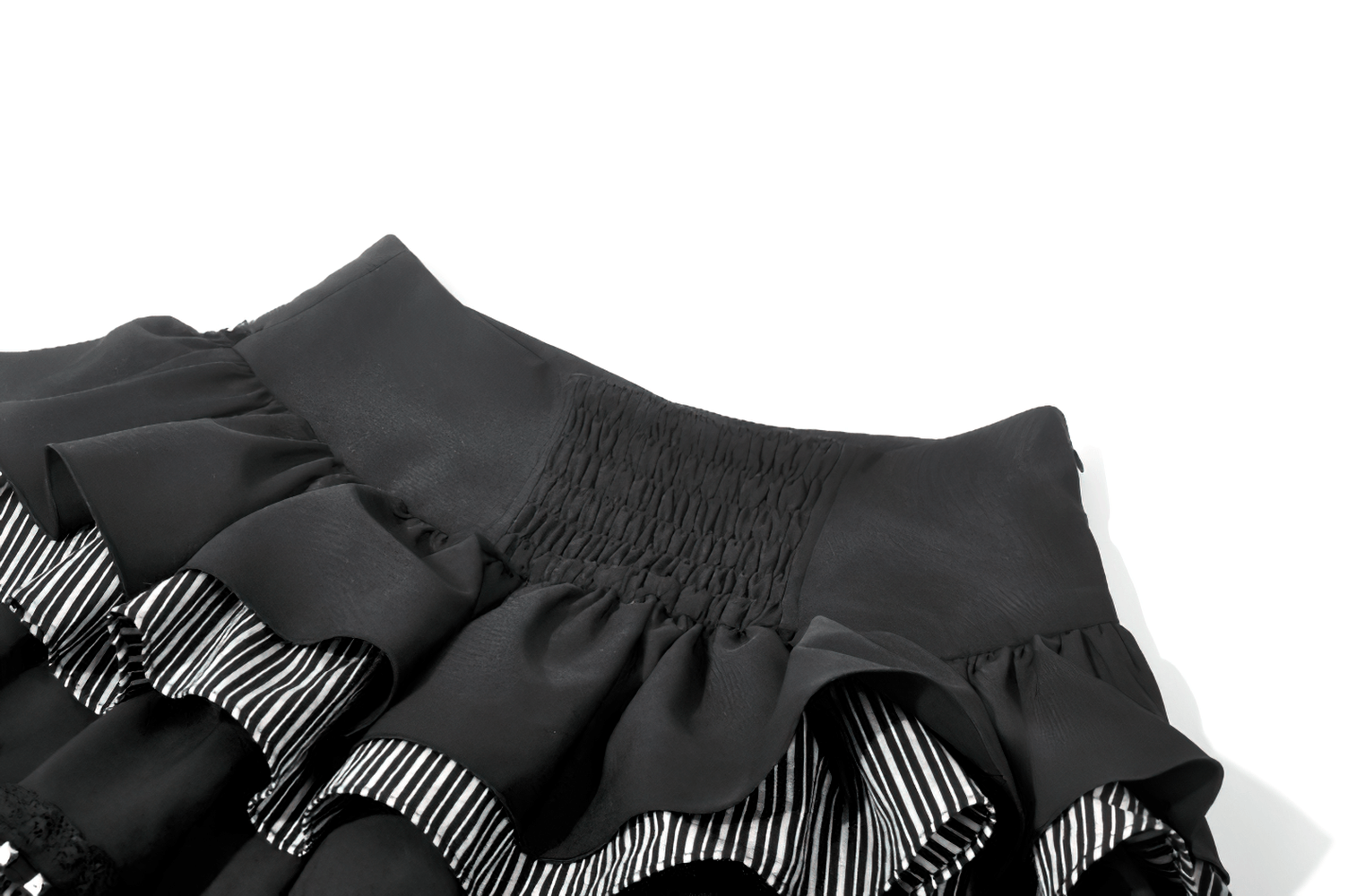 Alternative High Low Ruffle Skirt with Sheer Lace Train showcasing the black layered fabric and striped trim.