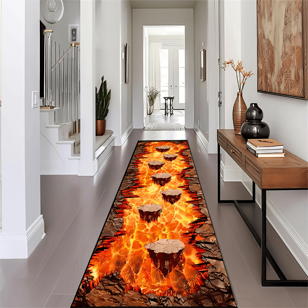 Alternative Non-Slip Graphic Rug for Dark Home Decor featuring a striking lava stone design in a modern hallway.