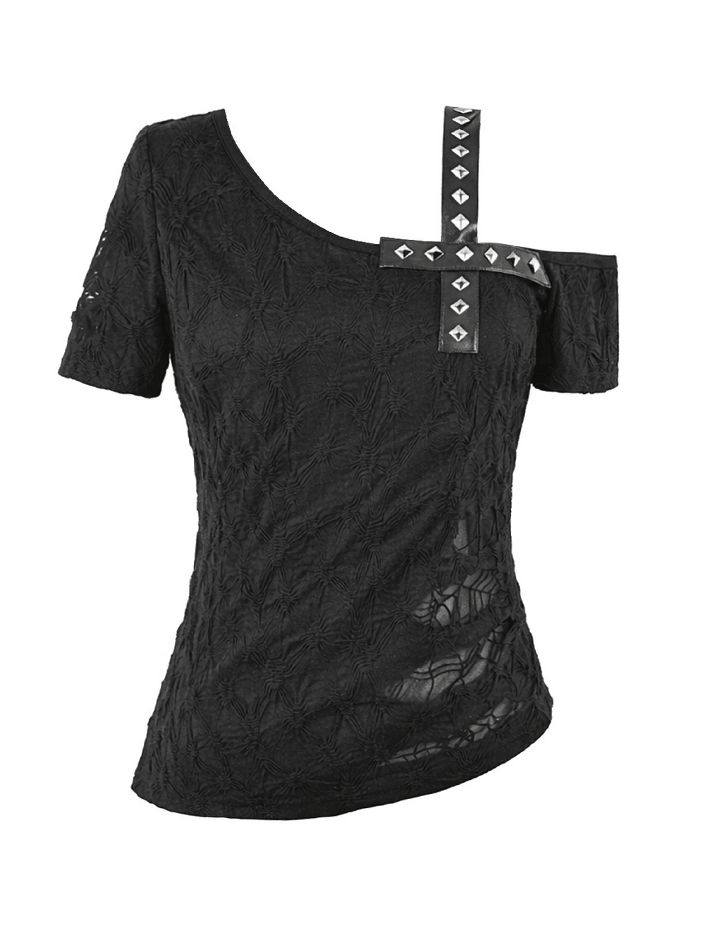 Alternative Spider Lace One Shoulder Studded Top featuring spider web lace texture and a studded strap detail.