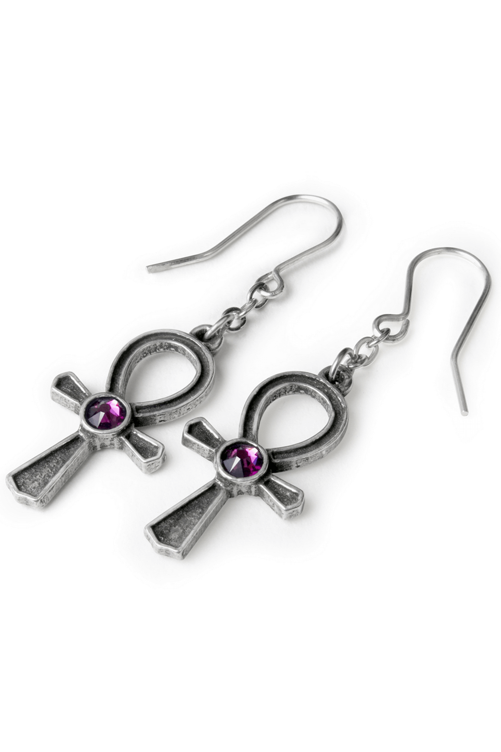 Elegant Ankh earrings with amethyst gemstone and chain drop, perfect gothic accessory for a mystical look.