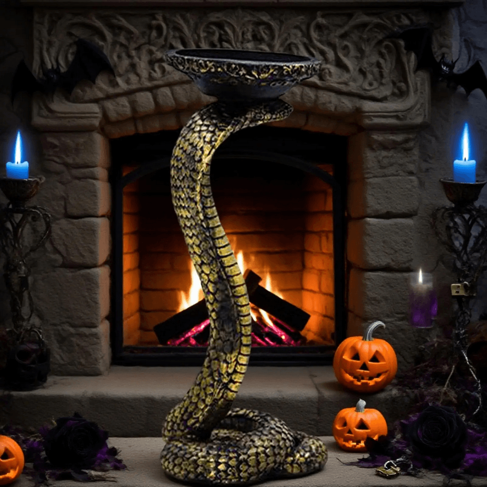 Antique Cobra Candle Holder for Gothic Home Decor styled near a cozy fireplace with Halloween decorations.