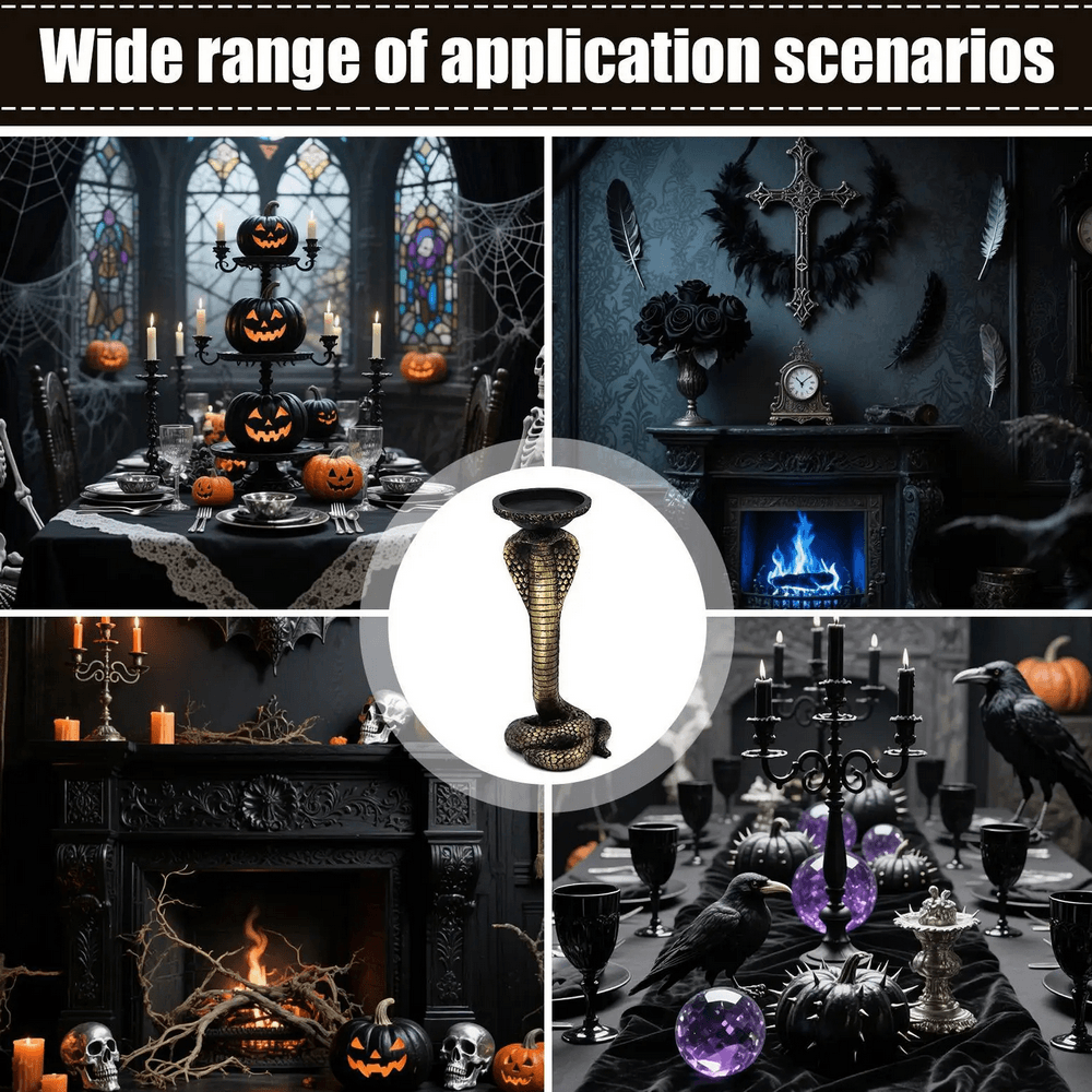 Antique Cobra Candle Holder for Gothic Home Decor showcased in a dark, moody setting with Halloween themes.