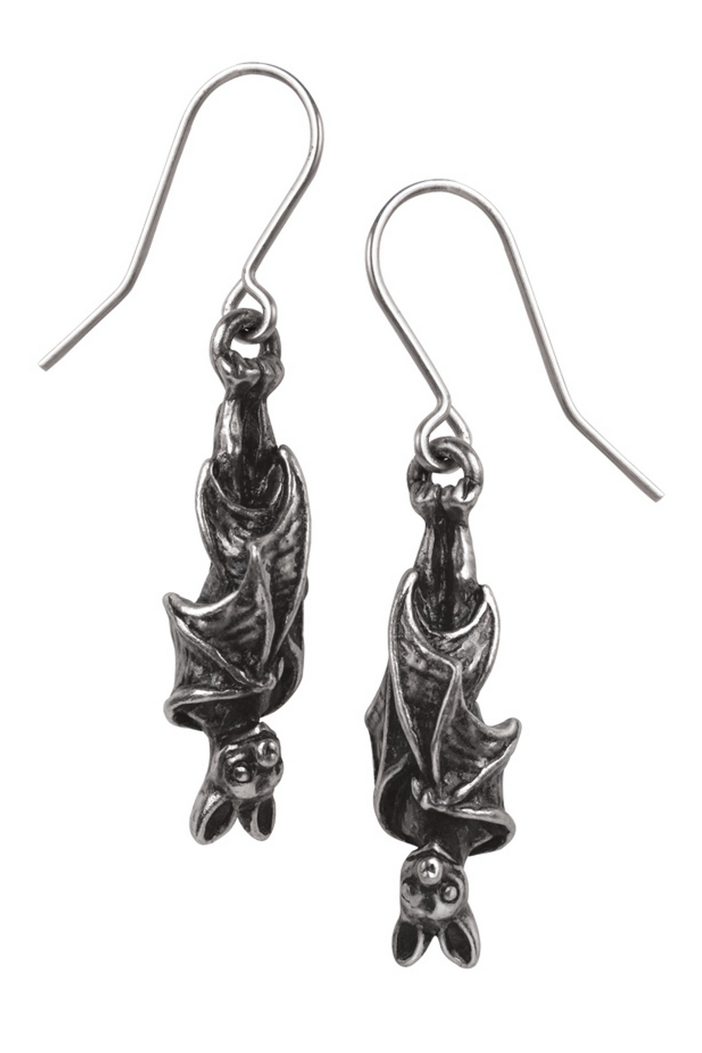Antiqued pewter bat earrings with silver plated earwires, perfect for gothic and alternative fashion lovers.
