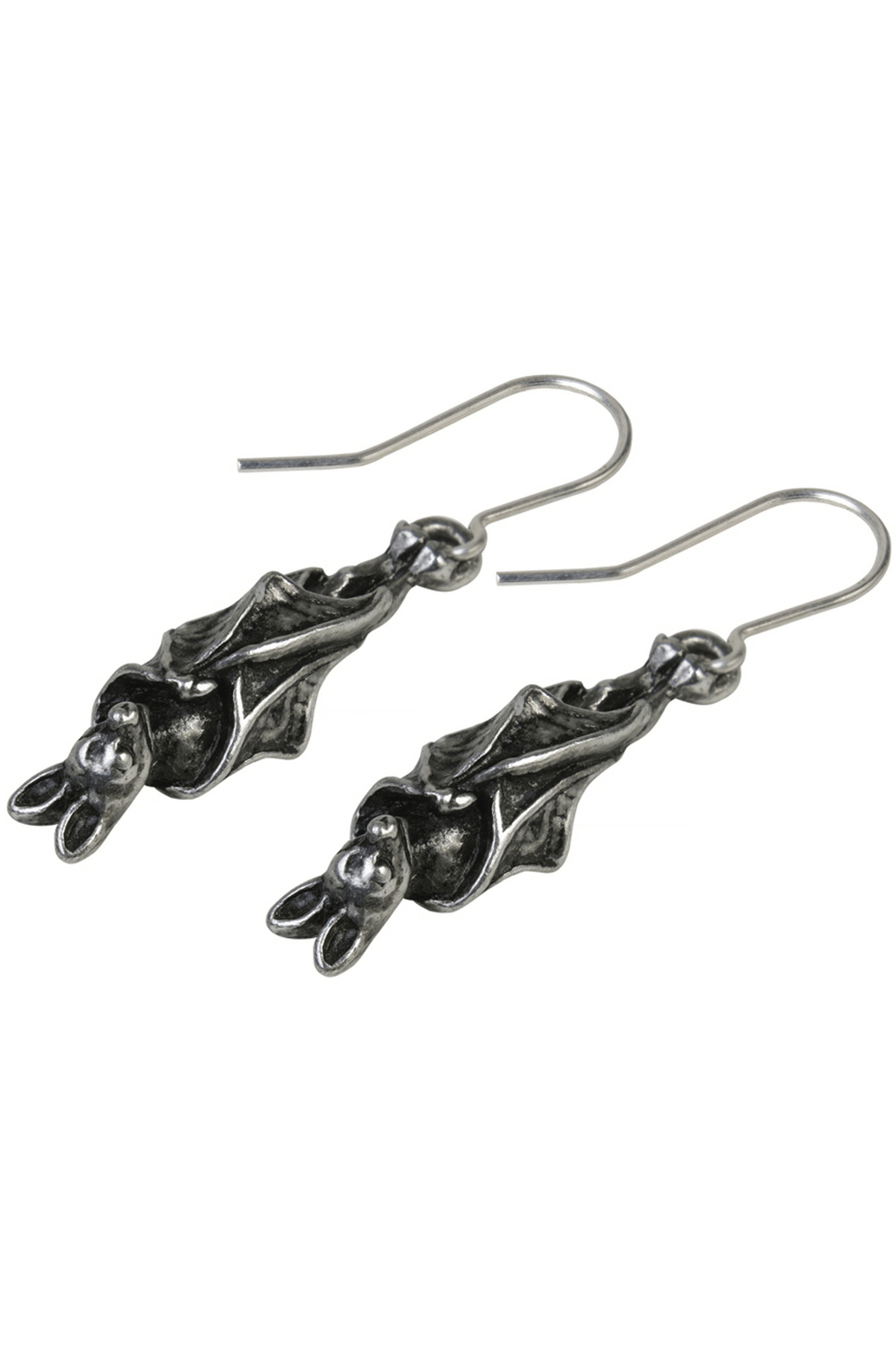 Antiqued pewter bat earrings with silver-plated earwires, perfect for gothic and alternative fashion styles.