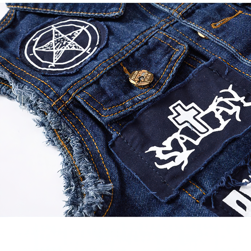 Biker Men Denim Vests with Pentagrams / Blue Patches Design Waistcoat in Gothic Style - HARD'N'HEAVY
