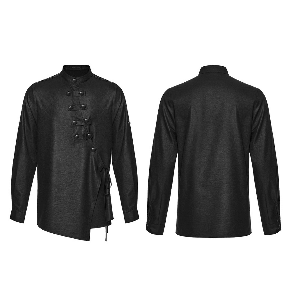 Black Asymmetric Punk Shirt with Hardware Straps showcasing punk style with rivets and side tie placket.
