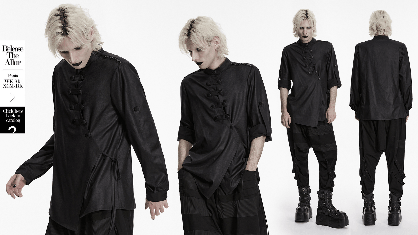 Black Asymmetric Punk Shirt with Hardware Straps displayed from different angles.