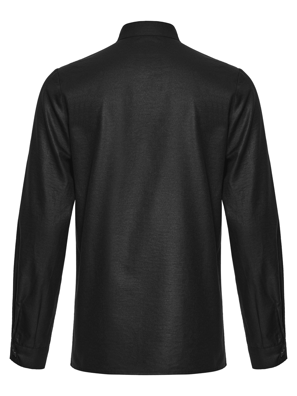 Back view of the Black Asymmetric Punk Shirt with Hardware Straps showcasing its sleek design and matte finish.