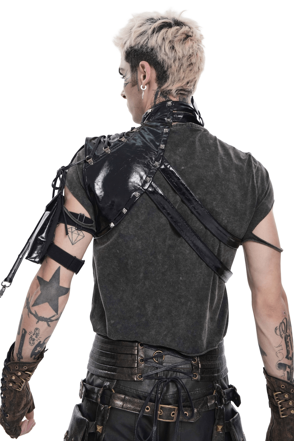 Black Cyberpunk Faux Leather Buckle Shoulder Harness Vest worn by model showing glossy details and asymmetrical design.