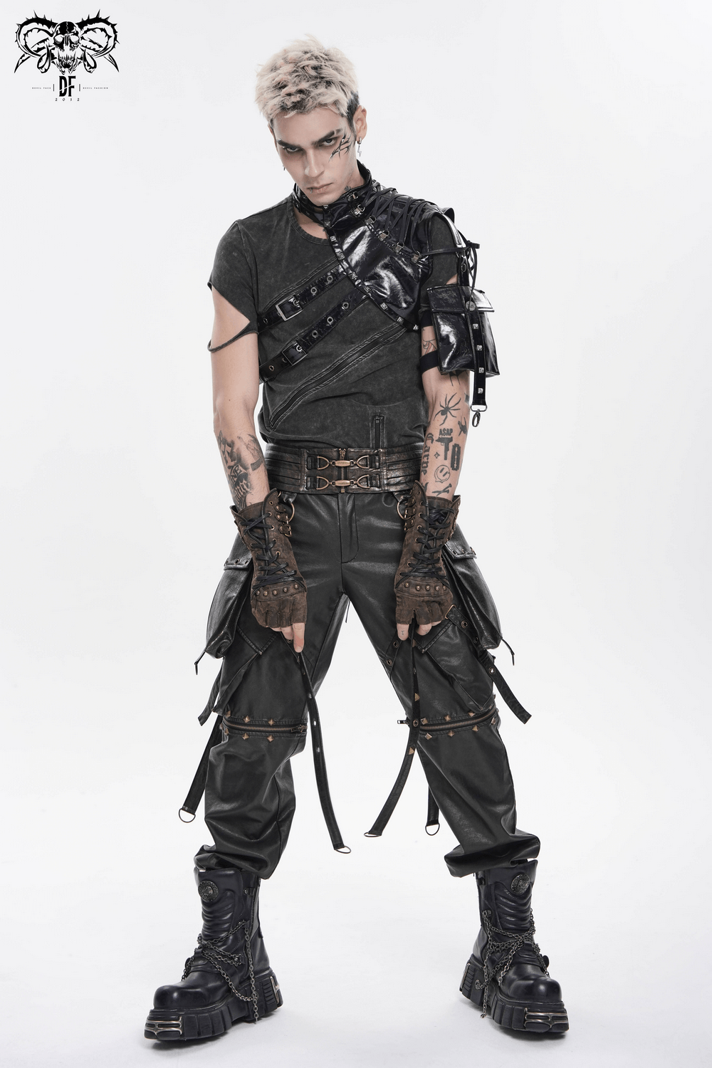 Black Cyberpunk Faux Leather Buckle Shoulder Harness Vest worn by a model, showcasing edgy gothic and industrial style.