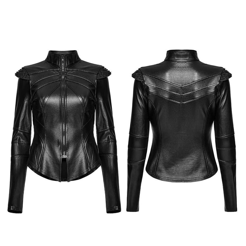 Black Cyberpunk Jacket with Sculpted Bone Shoulder Spikes featuring a sleek faux leather design and armored silhouette.
