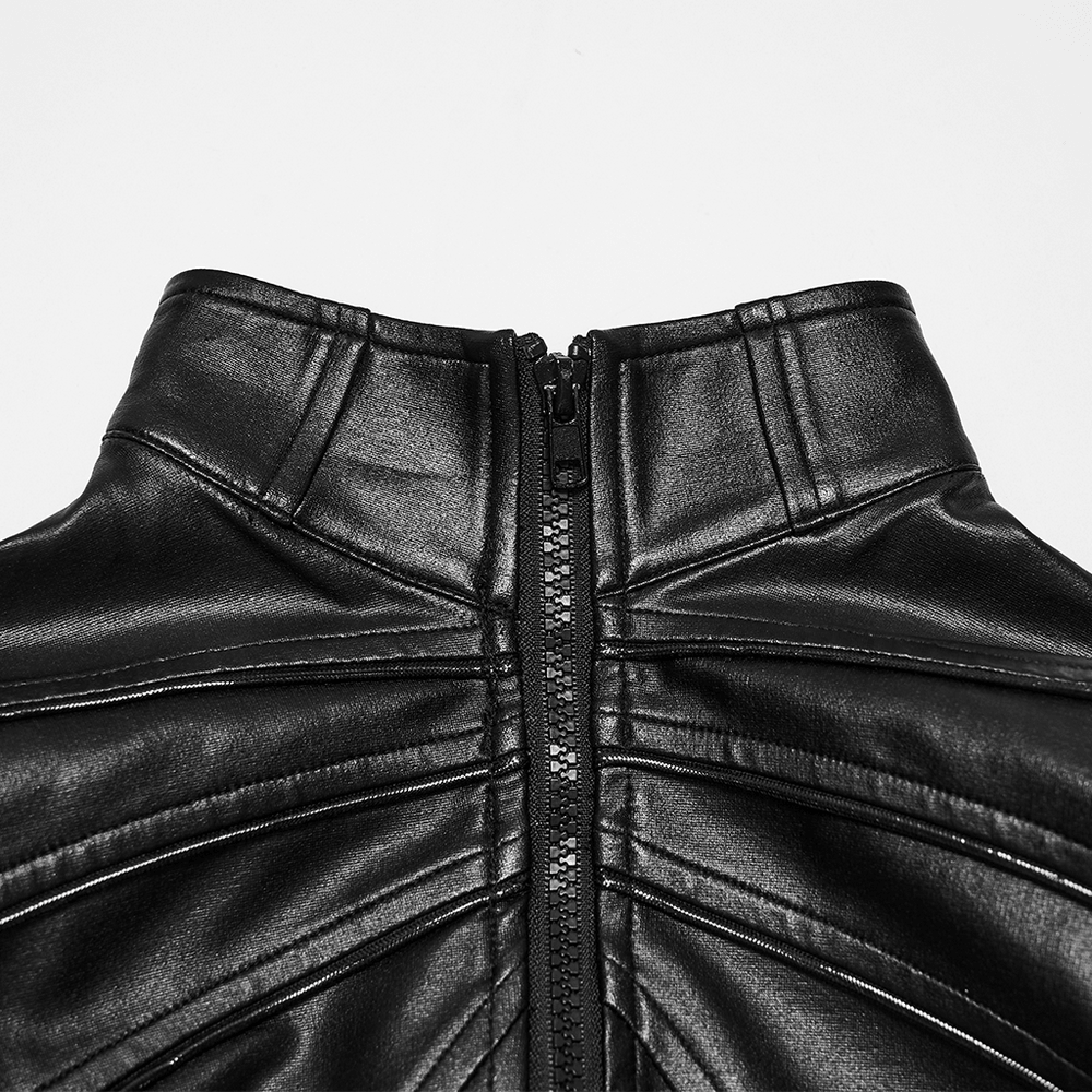 Close-up of the Black Cyberpunk Jacket with Sculpted Bone Shoulder Spikes collar and zipper detail.