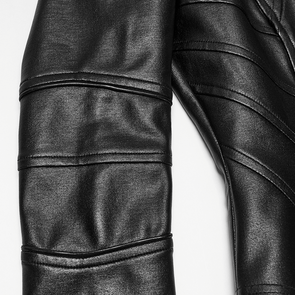 Black Cyberpunk Jacket with Sculpted Bone Shoulder Spikes close-up of faux leather fabric and seam details.