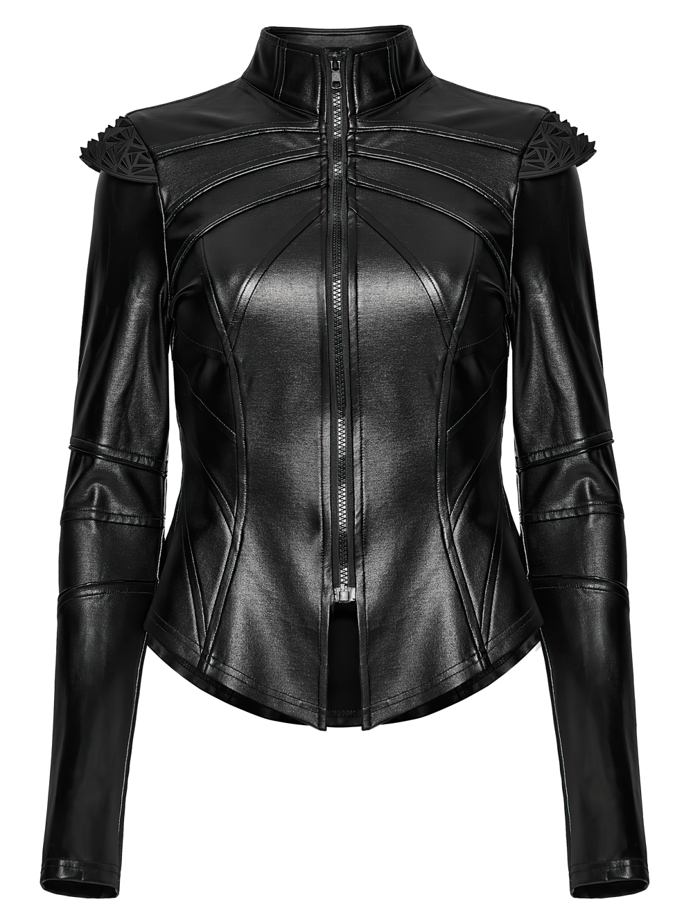 Black Cyberpunk Jacket with Sculpted Bone Shoulder Spikes featuring faux leather finish and armored design.