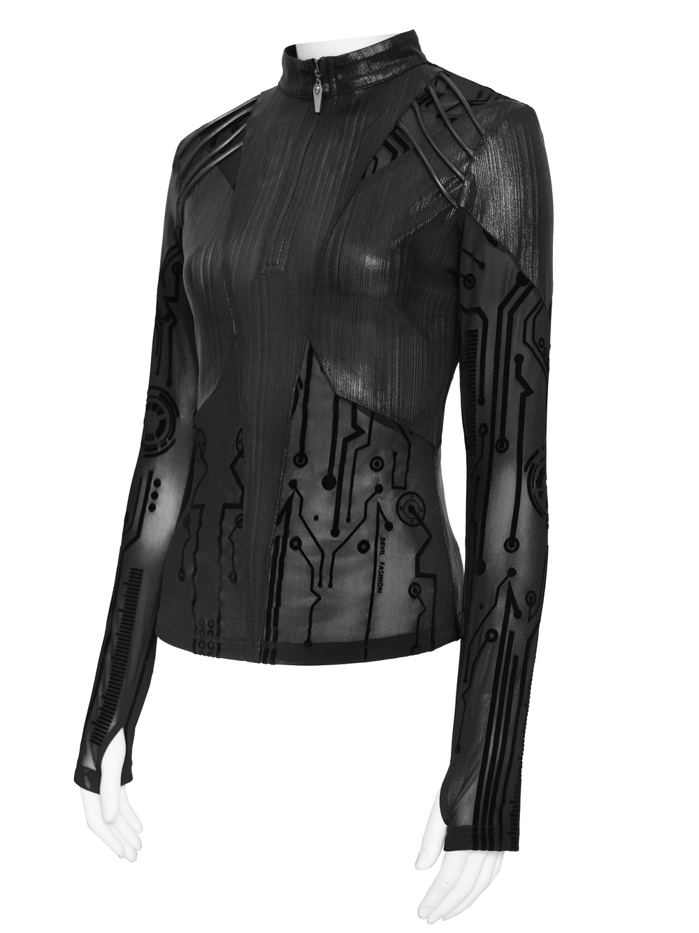 Black Cyberpunk Mesh Circuit Print Zip Up Techwear Top featuring circuit print and strappy back design.