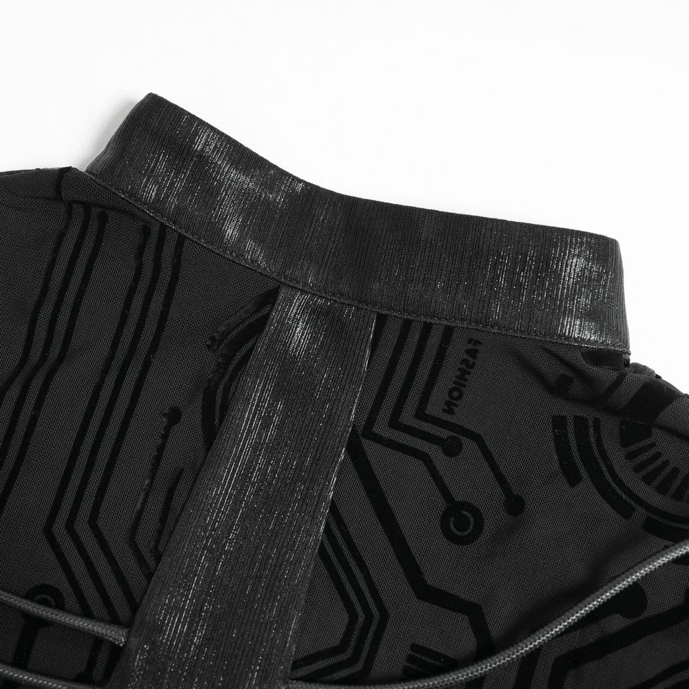 Black Cyberpunk Mesh Circuit Print Zip Up Techwear Top back detail featuring sleek circuit print and strappy design.