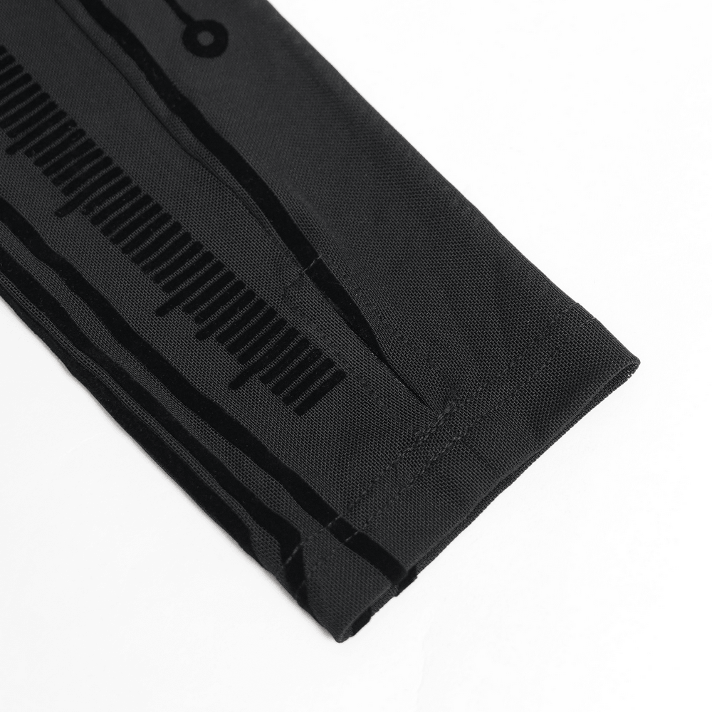 Close-up of the Black Cyberpunk Mesh Circuit Print Zip Up Techwear Top fabric showcasing its bold circuit print details.