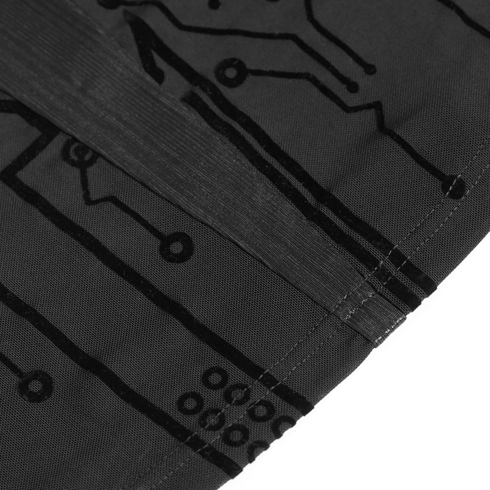 Close-up of the Black Cyberpunk Mesh Circuit Print Zip Up Techwear Top showcasing the bold circuit print design.