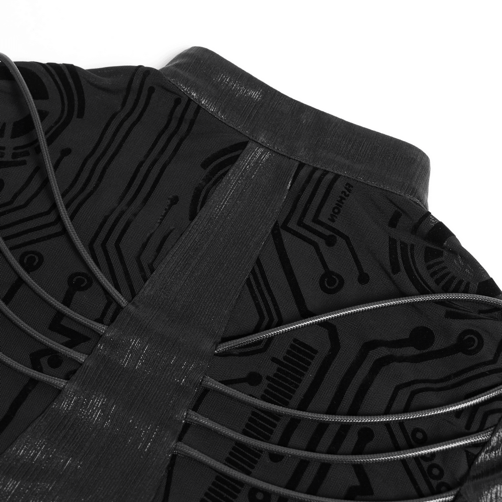 Black Cyberpunk Mesh Circuit Print Zip Up Techwear Top showcasing detailed strappy back and bold circuit design.
