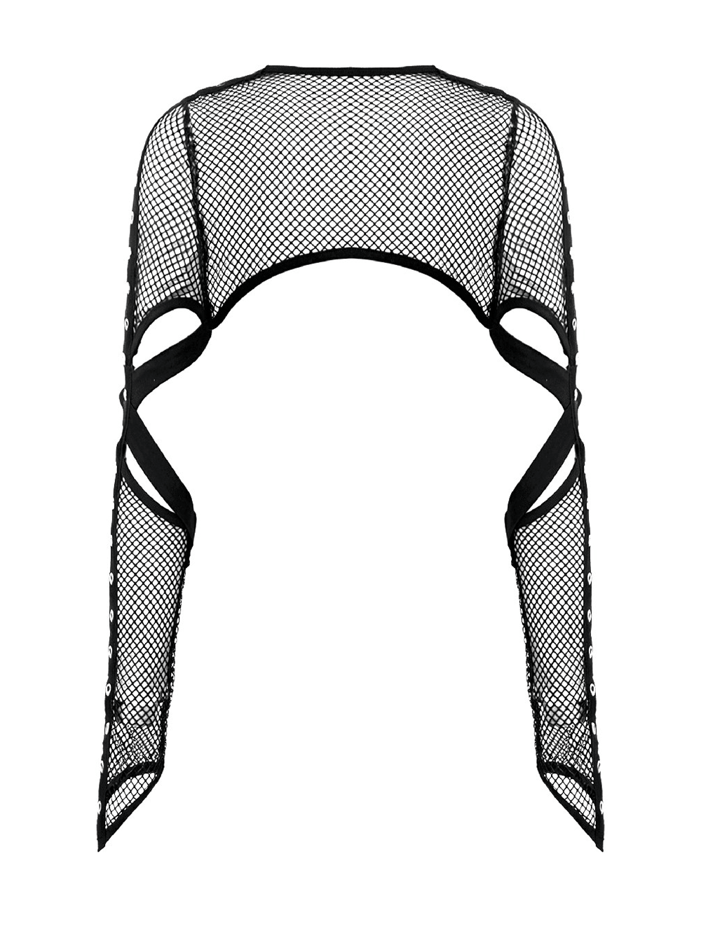 Black Fishnet Shrug with Buckle and Cutout Sleeves showcasing dramatic arm cutouts and eyelet trim.