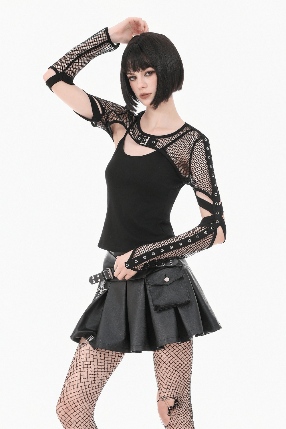 Black Fishnet Shrug with Buckle and Cutout Sleeves displayed on a model with punk styling and a bold fashion statement.