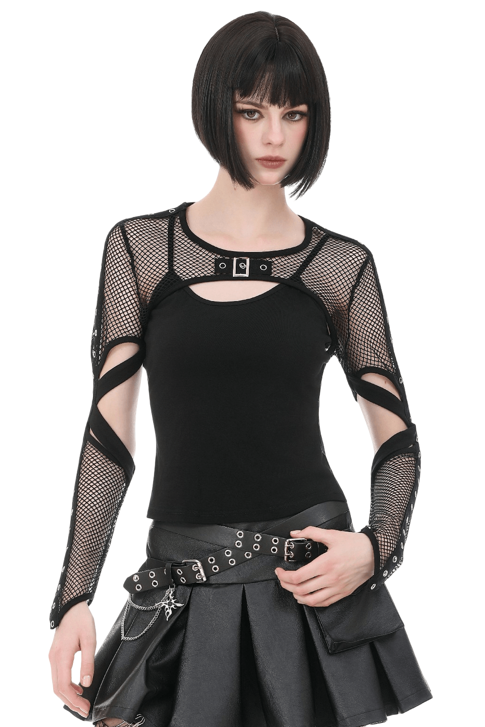 Black Fishnet Shrug with Buckle and Cutout Sleeves featured on a model, showcasing its punk style and dramatic design.
