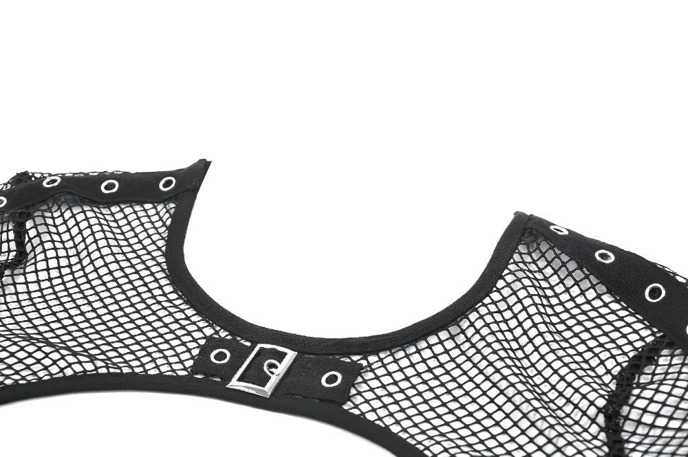 Close-up of Black Fishnet Shrug with Buckle and Cutout Sleeves featuring eyelet detailing.