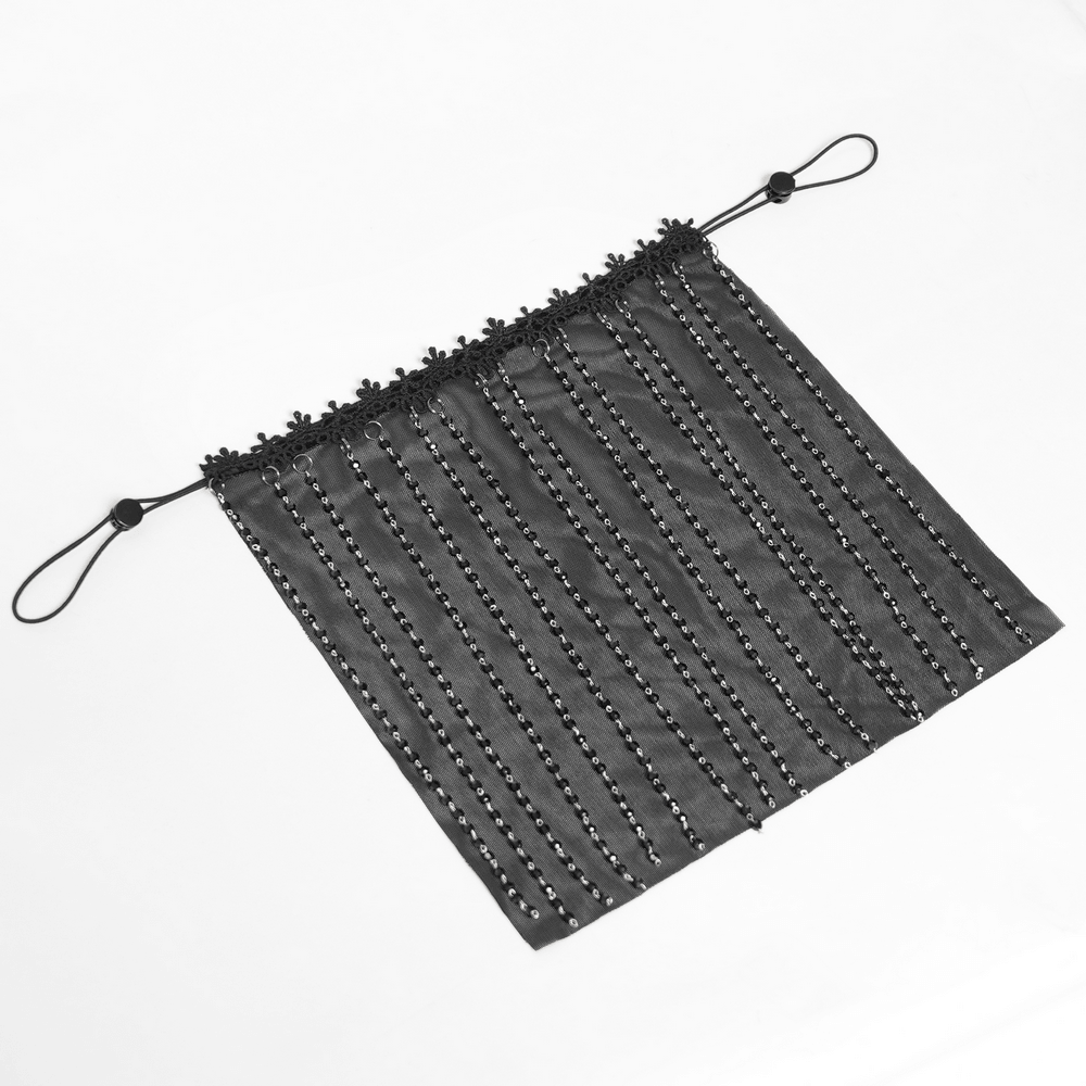 Black Gothic Face Veil Mask with Beaded Fringe displayed on a white background, showcasing unique beaded detail.