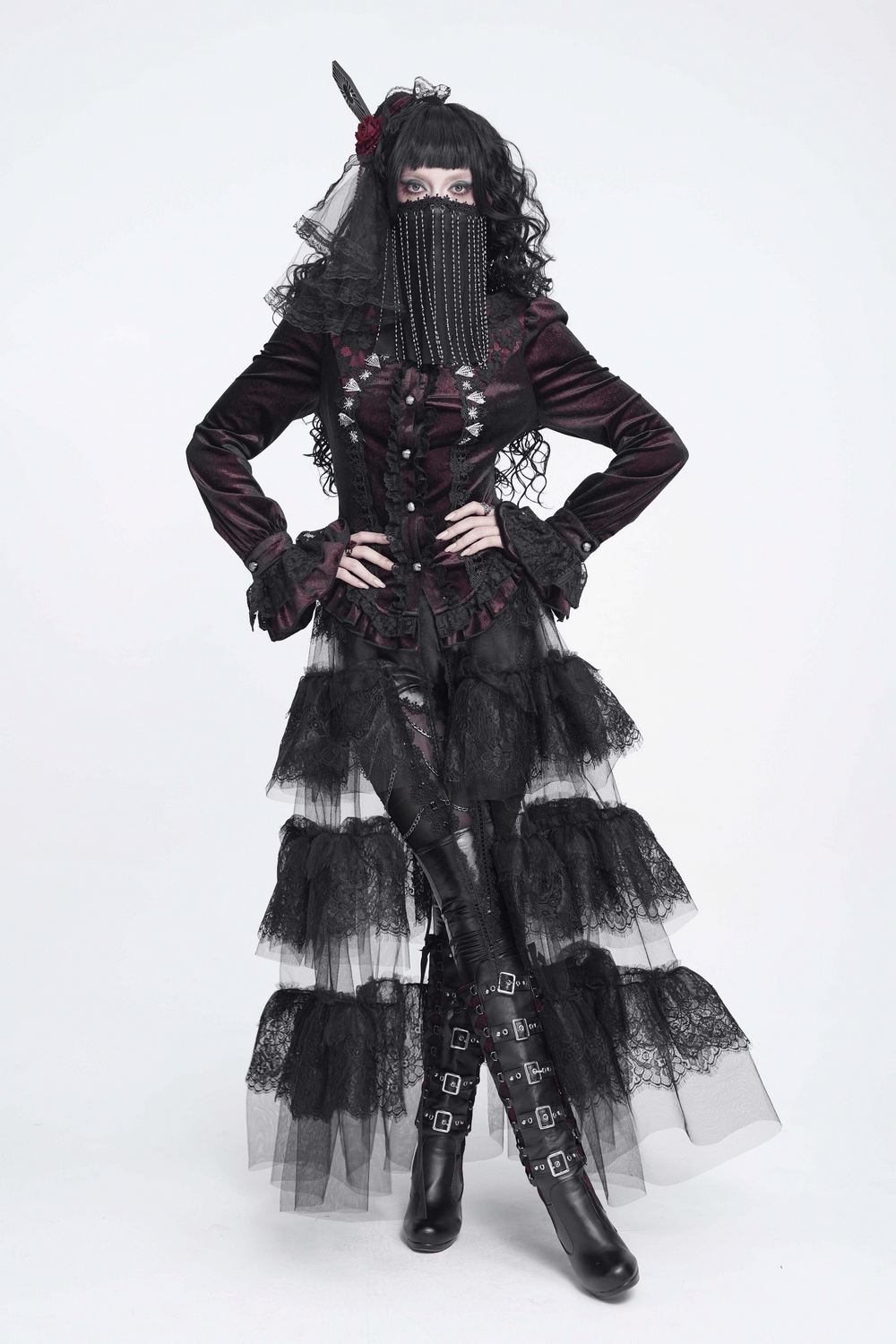 Black Gothic Face Veil Mask with Beaded Fringe worn with a stylish layered black gown.