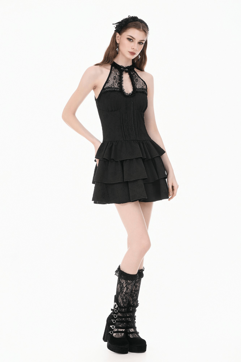 Black Gothic Halter Mini Dress with Tiered Ruffles shown on a model, featuring a lace keyhole neckline and ruffled skirt.