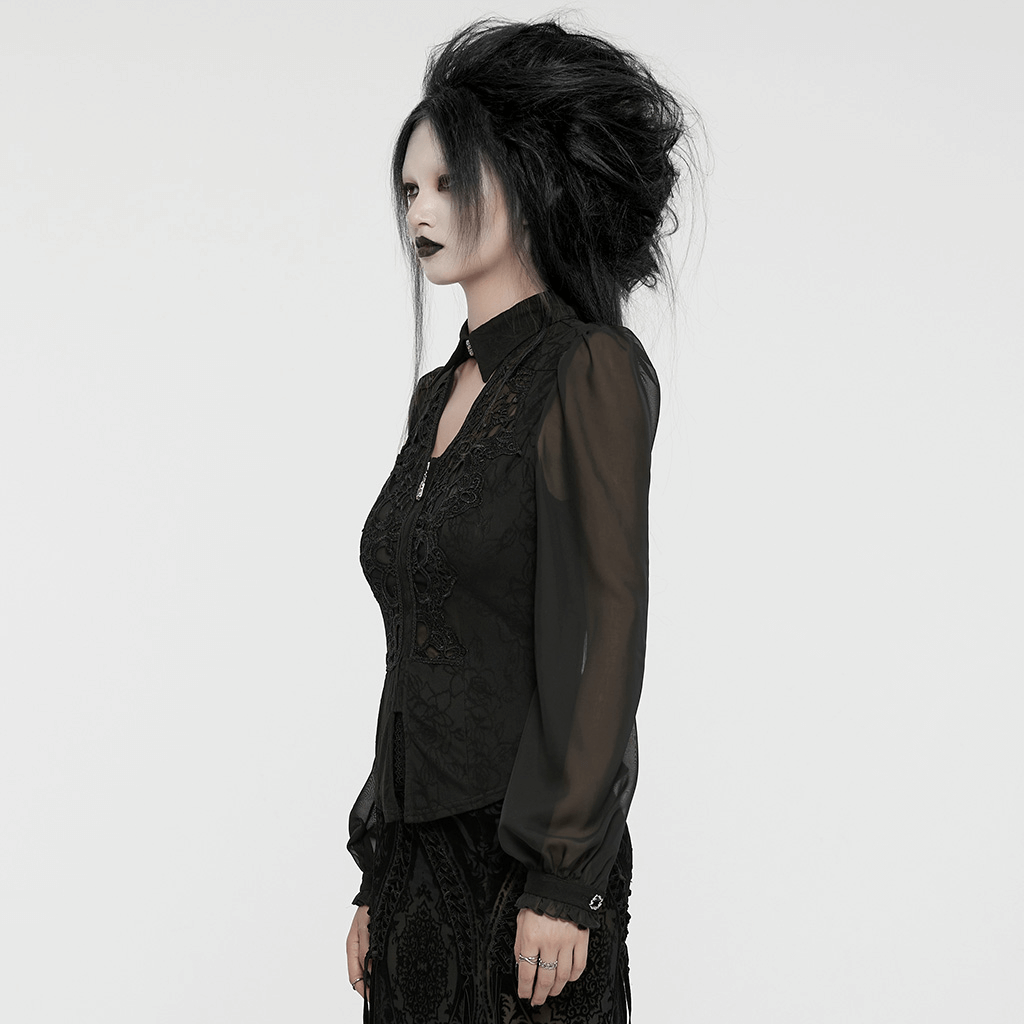 Black Gothic blouse with lace appliqué and chiffon sleeves, featuring a hollow V-neck and elegant details.