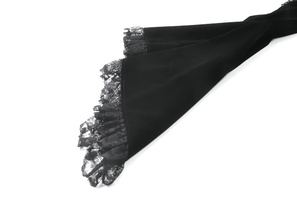 Black Gothic Lace Bolero Shrug with Bell Sleeves detail featuring lace ruffle trim.