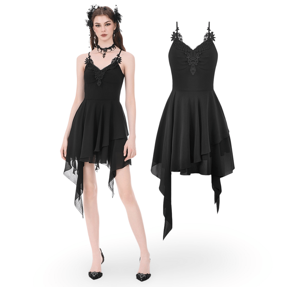Black Gothic Lace Cami Dress with Asymmetric Hem showcasing a fitted bodice and layered chiffon skirt.