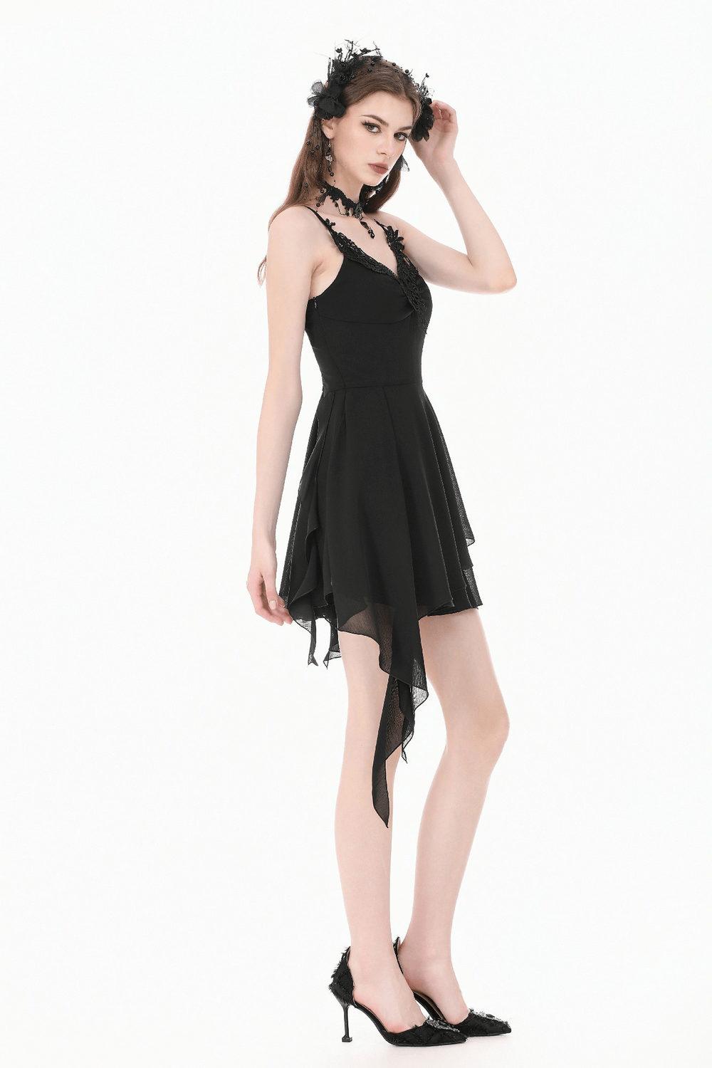 Black Gothic Lace Cami Dress with Asymmetric Hem showcasing a dramatic silhouette and layered chiffon skirt.