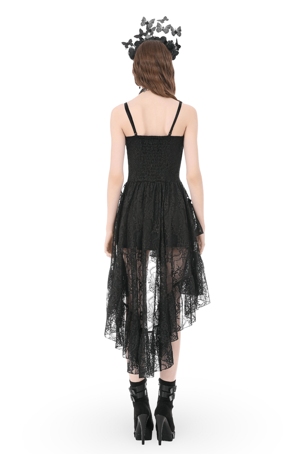 Black Gothic Lace High Low Dress with Ruffle Skirt, showcasing the back design, asymmetric hem, and lace details.