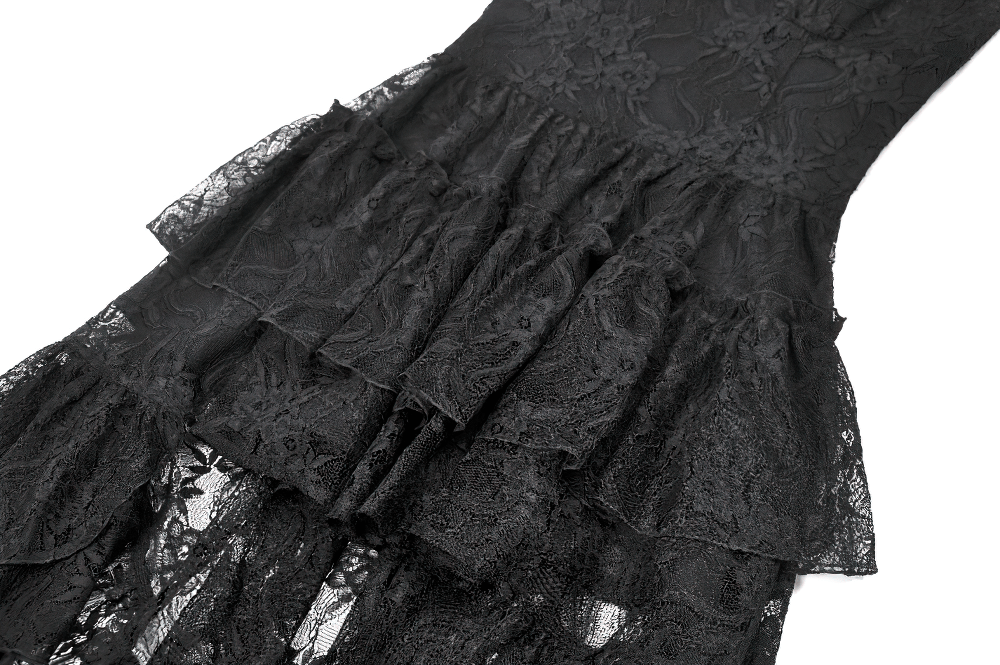 Black Gothic Lace High Low Dress with Ruffle Skirt showcasing intricate lace detailing and layered ruffles.