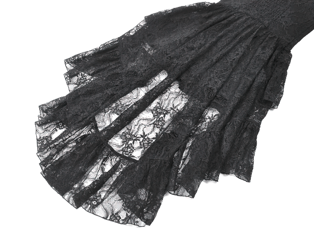 Black Gothic Lace High Low Dress with Ruffle Skirt featuring a dramatic lace ruffle hem and textured design.