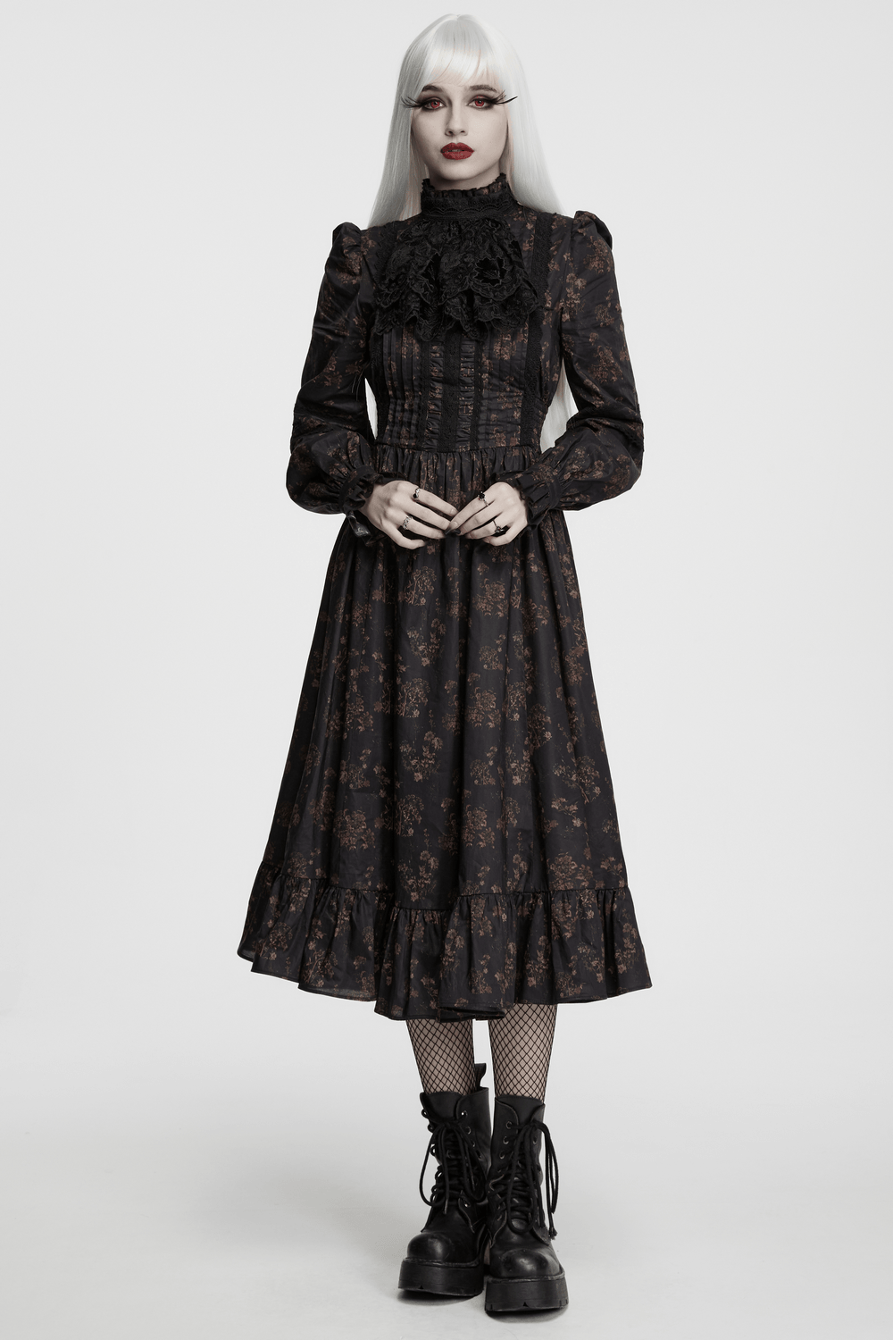 Black Gothic Lace Jabot Choker Collar with Ruffle Bib styled with dark floral dress and chunky boots.