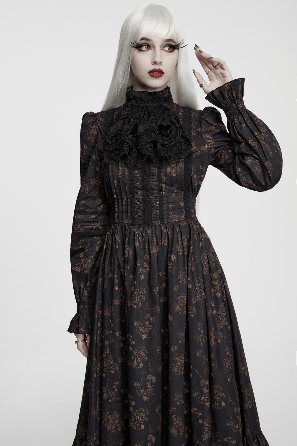 Black Gothic Lace Jabot Choker Collar with Ruffle Bib styled with a vintage black floral dress.