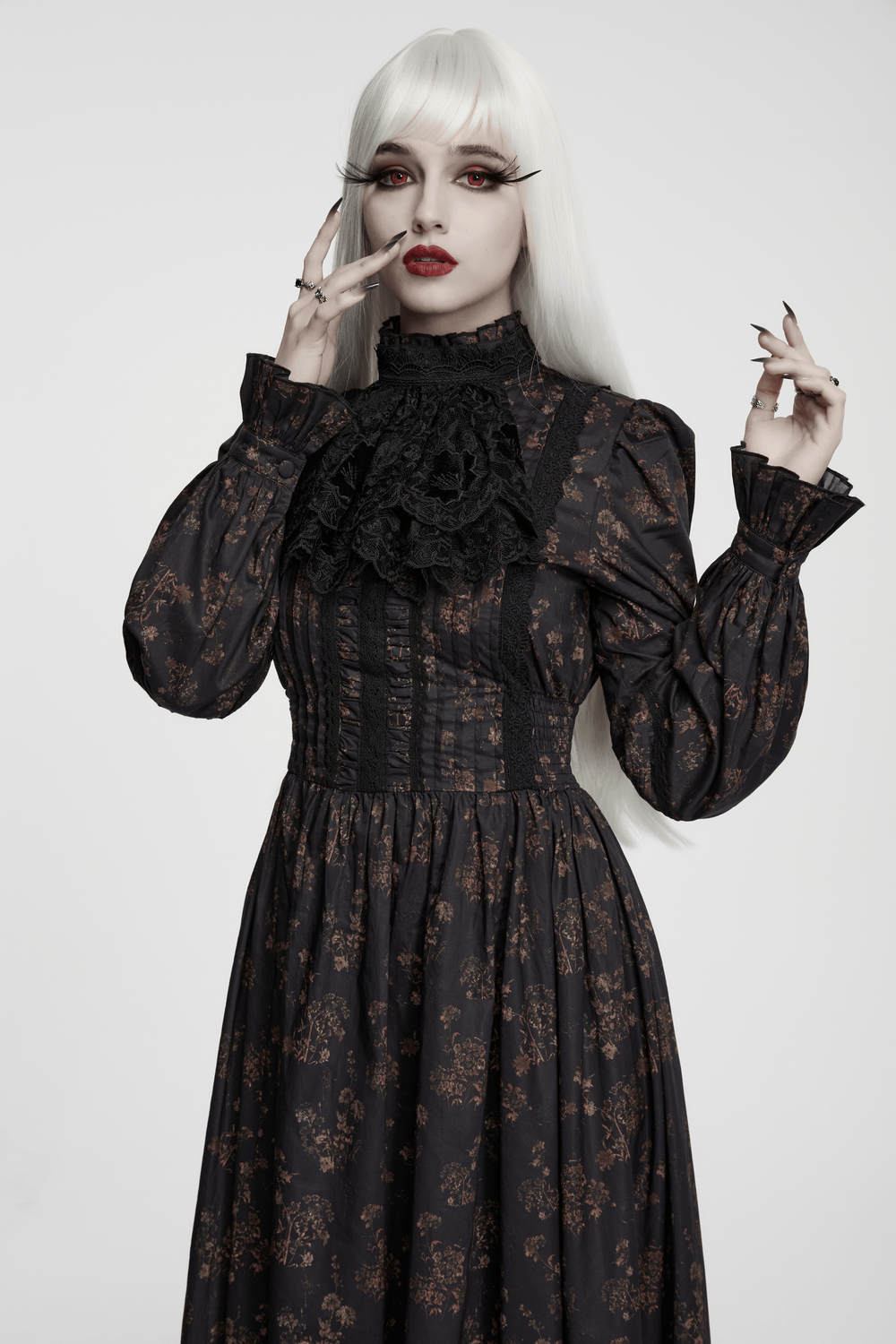Elegant model wearing a Black Gothic Lace Jabot Choker Collar with Ruffle Bib, showcasing dark romantic fashion.